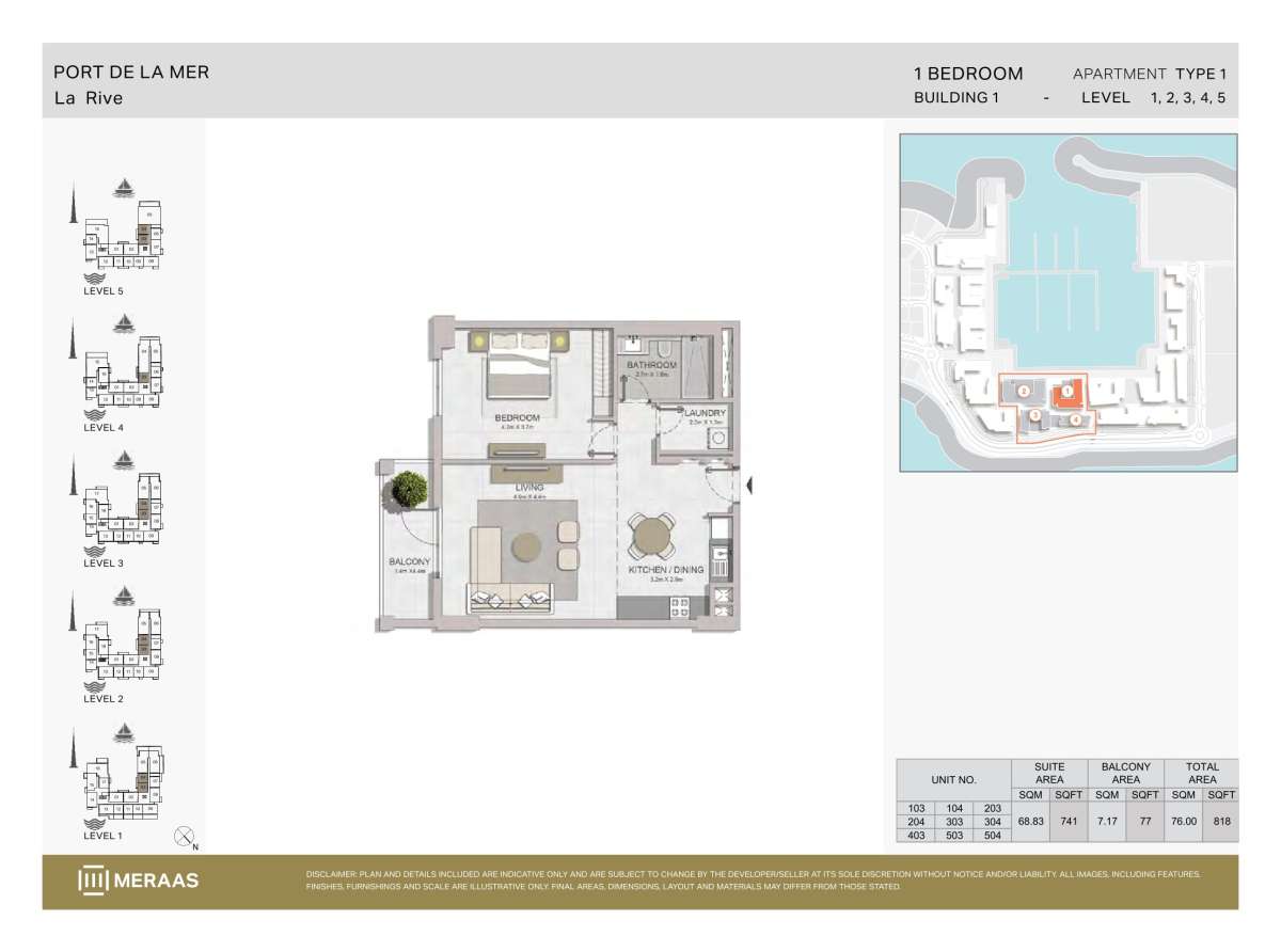 1-1BHK Type 1-Unit 103,104,203,204,303,304,403,503,504